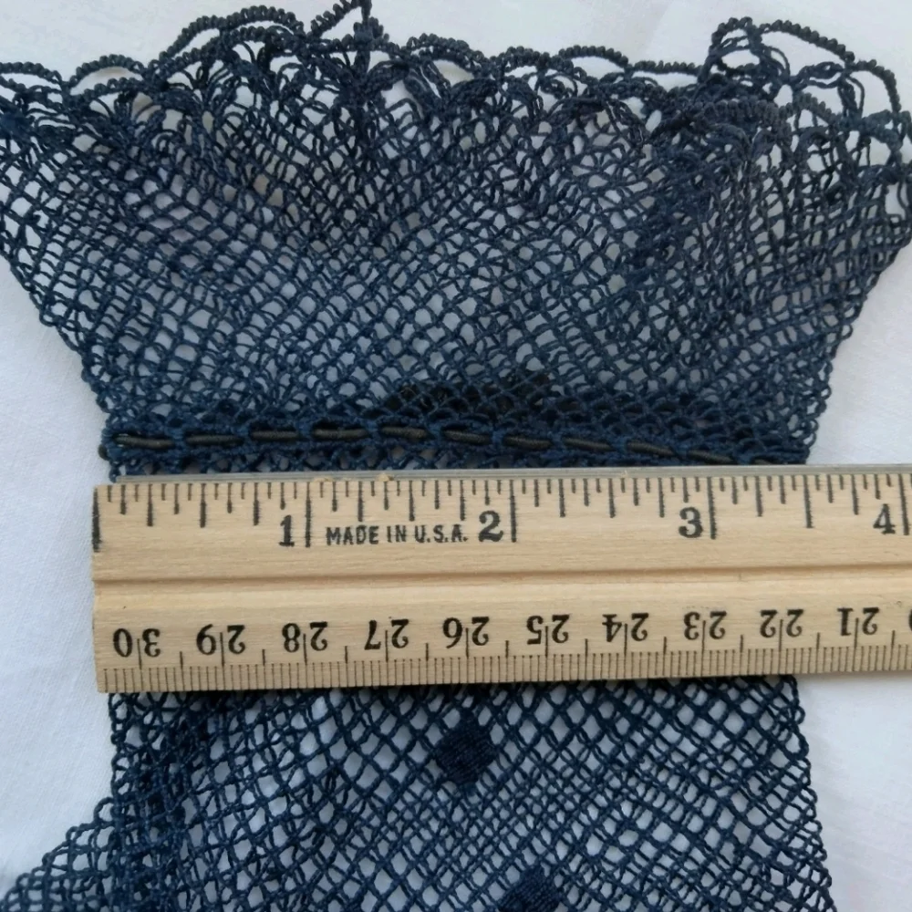 VTG Elegant Navy Blue Fishnet Lace Mesh Crochet Gloves w/ Embroidered Squares